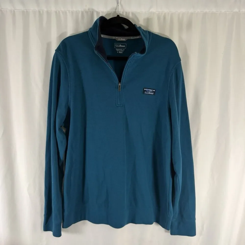 LL Bean Sweater Men's Large Teal 1/4 Zip Turtleneck Traditional Fit Cotton Blend